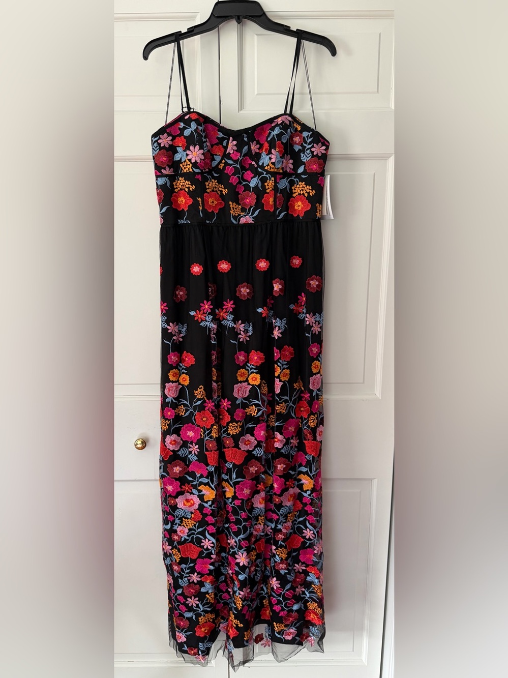 NWT Aidan Mattox Strapless Black Maxi with Pink, Red & Orange Floral Embroidery